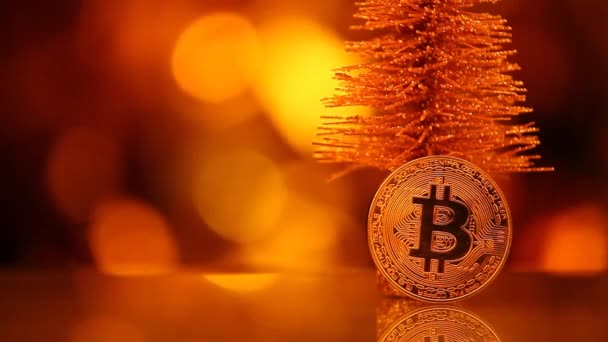Bitcoin Munt Fir Tree Gouden Bokeh Beelden Studio Moskou December — Stockvideo