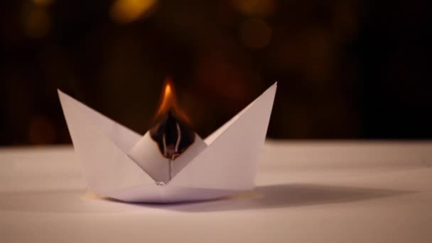 Paper Boat Fire Flame Gold Bokeh Footage — Stock Video