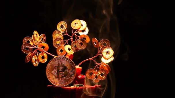 Geld Boom Bitcoin Munt Rook Donkere Achtergrond Moskou December 2018 — Stockvideo