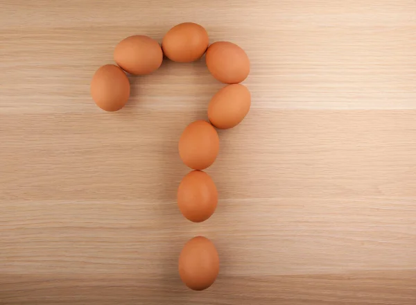 Eggs Question Mark Wooden Table Nobody — Stock Photo, Image