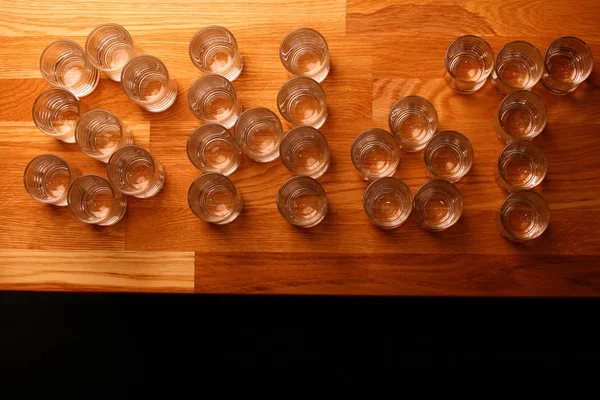 Empty Shot Glass Text Wooden Table — Stock Photo, Image