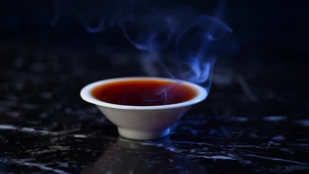 Black Hot Chinese White Tea Cup Marble Background Footage — Stock Video