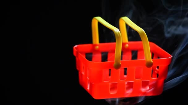 Red Plastic Basket Smoke Nobody Dark Background Footage — Stock Video