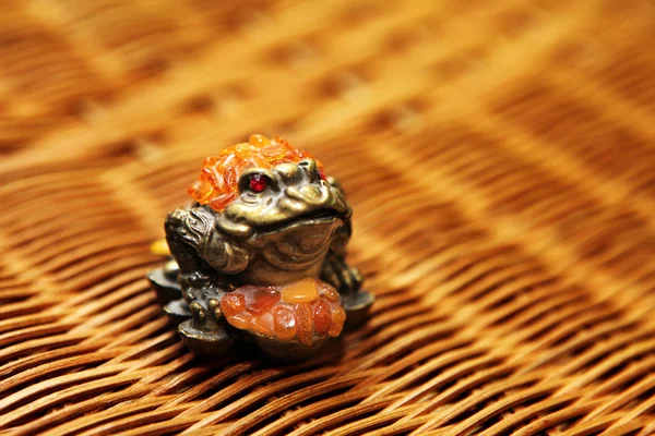 Dinheiro Bronze Sapo Fundo Madeira — Fotografia de Stock