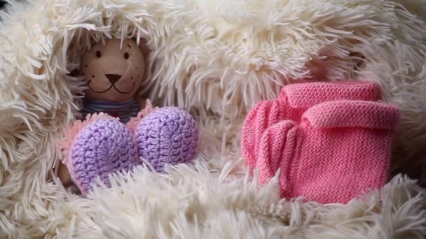 Newborn Baby Wool Clothes Shoes Toy Bear Footage — Stock Video