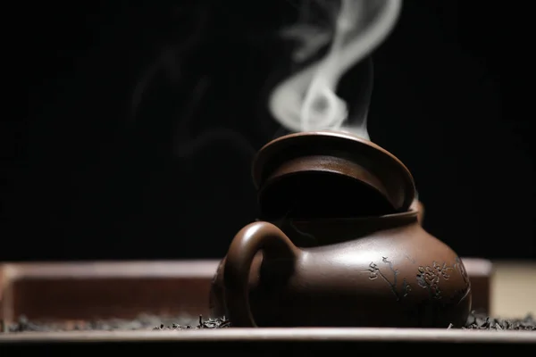 Black Tea Teapot Smoke Nobody — Stock Photo, Image