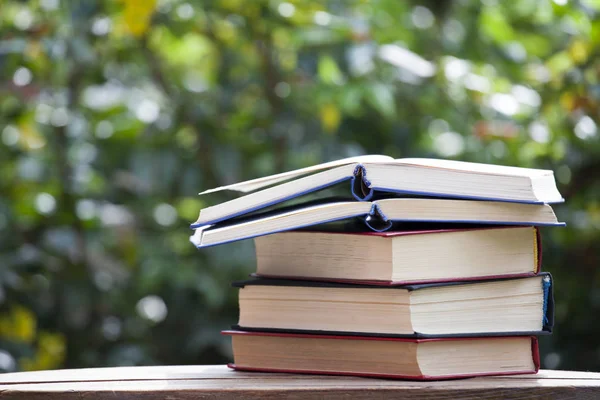 Buch Holz Tisch Baum Bokeh Niemand — Stockfoto