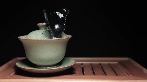 Taza Mariposa Bambú Escritorio Oscuro Fondo Material Archivo — Vídeo de stock