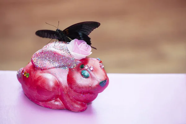 Ceramic Pink Bunny Butterfly Incept — Stock Photo, Image