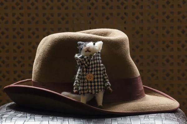 ヴィンテージ帽子猫木製の背景 — ストック写真
