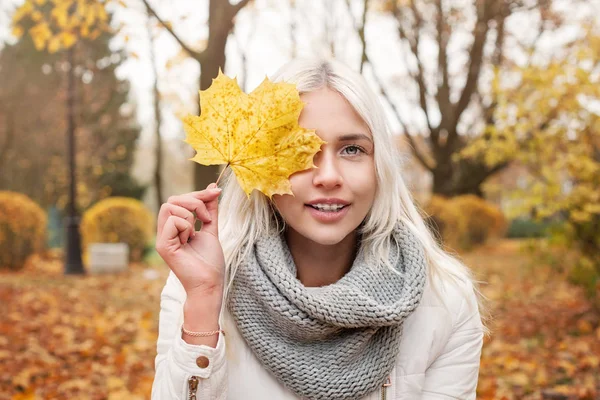 Jovem Mulher Outono Com Folhas Outono Bordo Amarelo Fundo Natureza — Fotografia de Stock