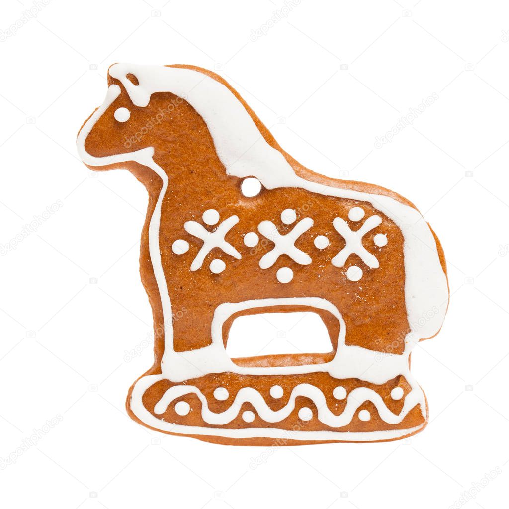 Ginger Cookie Isolated on White Background. Gingerbread Christmas Food, Horse Figure