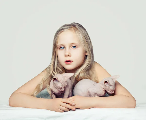 Blonde Child Girl Kittens Child Pets — Stock Photo, Image