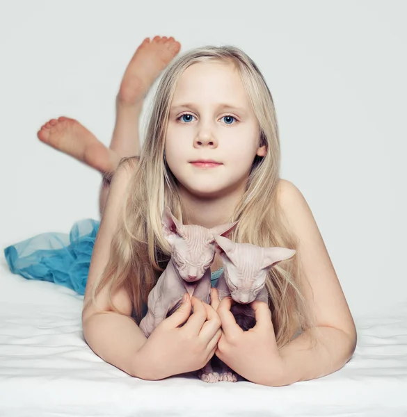 Cute Girl Hugging Kittens Child Pet — Stock Photo, Image