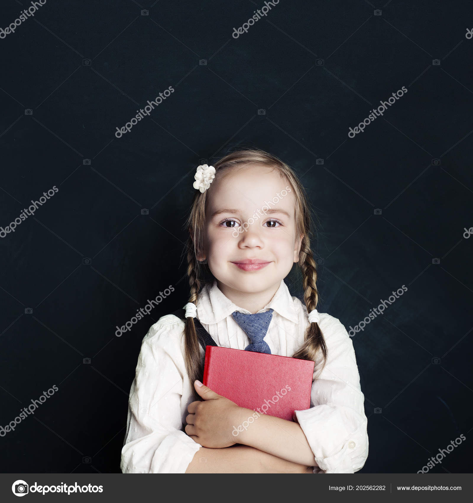 Happy Little Girl Red School Book Blackboard Background Kid
