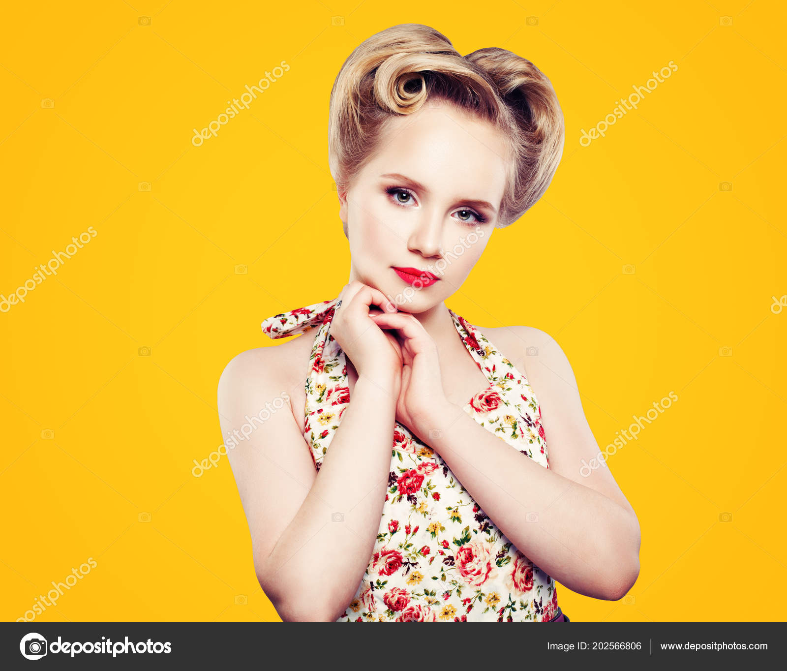 Elegant Stylish Woman Fashion Model Retro Pin Hairdo Makeup Bright