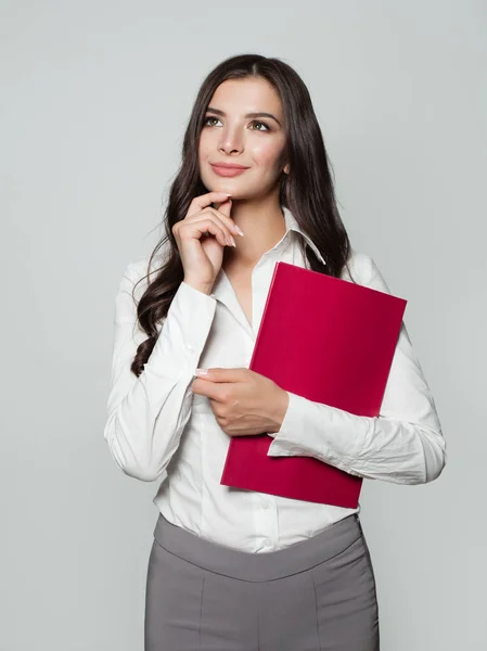 Young Smiling Business Woman Looking Holding Red Folder — Stock Photo, Image