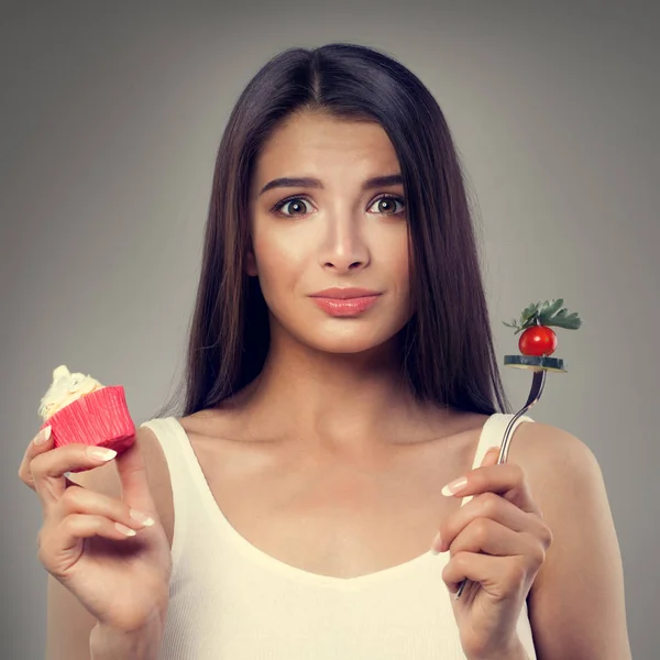 Unhappy Woman Healthy Unhealthy Food Overweight Healthy Eating Diet Concept — Stock Photo, Image