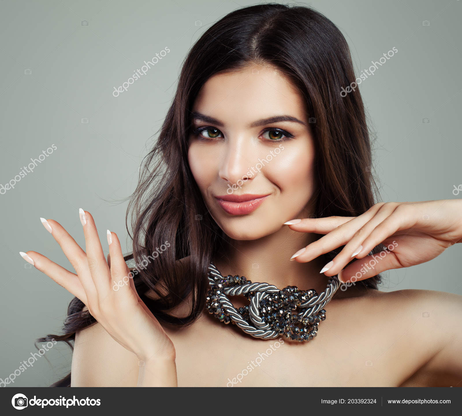 Brunette Fashion Model Woman Makeup Wavy Hair Hands French