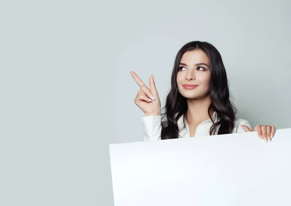 Happy Young Businesswoman Pointing Showing Signboard Blank Copy Space Area — Stock Photo, Image