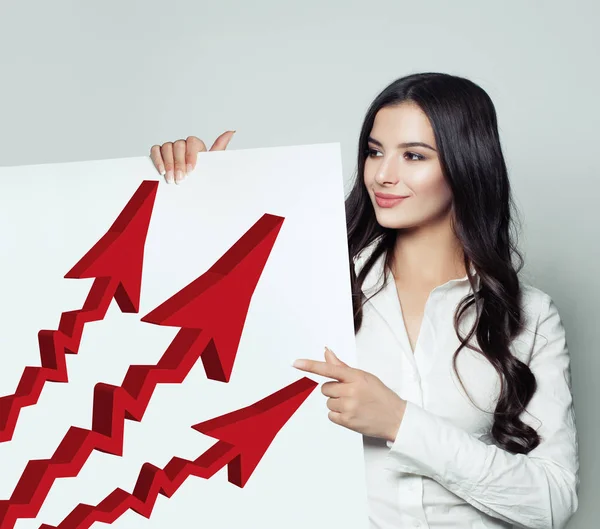 Zakenvrouw Singboard Banner Met Rode Rising Pijl Tonen Die Vertegenwoordigt — Stockfoto