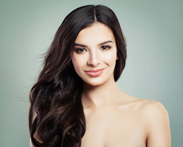Brunette Hair Woman Smiling. Natural Makeup and Long Healthy Hairdo, Hair care concept