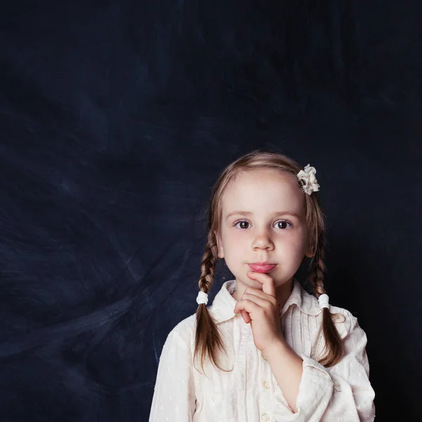 Child Girl School Uniform Clothes Book Chalk Board Background Child — Stock Photo, Image