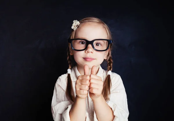 Happy Child Girl Glasses Thumb Chalk Board Background — Stock Photo, Image