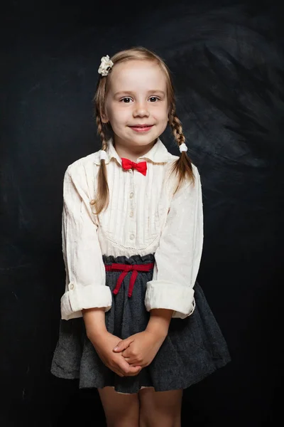 Cute Child Chalk Board Background Happy Little Girl School Uniform — Stock Photo, Image