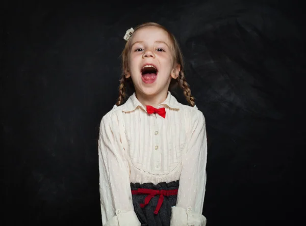 Happy Child Girl Laughing Blackboard Background Kid Creativity Education Concept — Stock Photo, Image