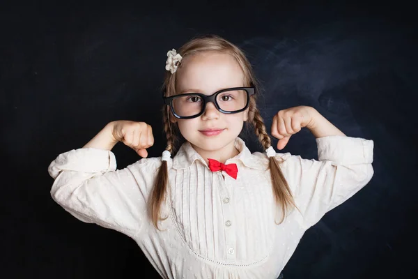 Cheerful Little Girl Class Room Chalkboard Background Back School School — Stock Photo, Image