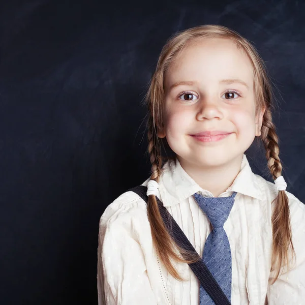 Portrait Cute Little Girl Happy Child Smiling Empty Blackboard Background — Stock Photo, Image