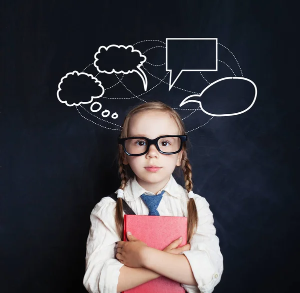 Pretty Little Girl Holding Book Standing Speech Clouds Chalk Drawing — Stock Photo, Image