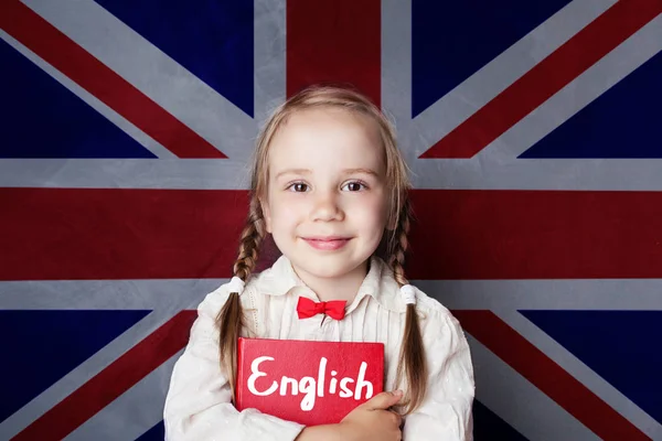 Concepto Inglés Con Niña Estudiante Con Libro Fondo Bandera Del — Foto de Stock