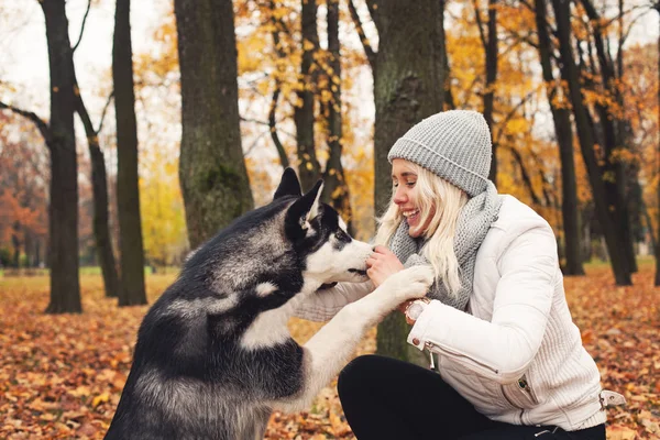 Mujer Feliz Con Perro Husky Aire Libre Parque Otoño —  Fotos de Stock