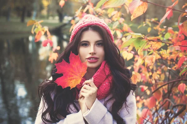 Colorful Autumn Portrait Beautiful Woman Bright Fall Leaves Park Outdoor — Stock Photo, Image
