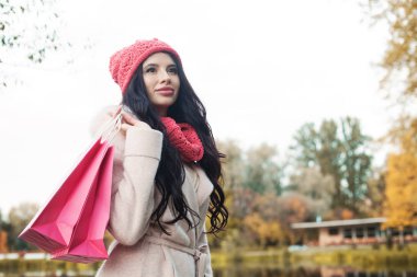 Renkli alışveriş çantası açık havada güzel sonbahar kadınla