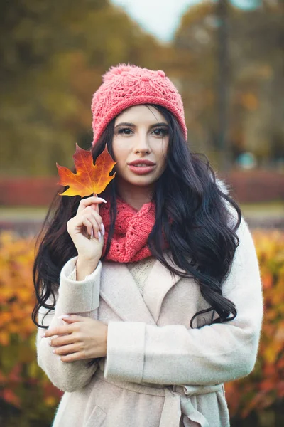 Mulher Atraente Com Folha Bordo Outono Livre Parque Outono Retrato — Fotografia de Stock