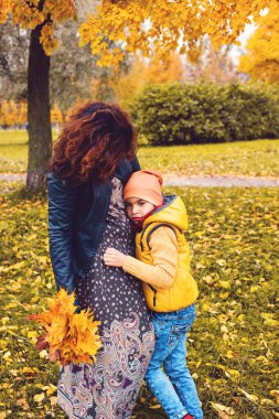 Çocuk Çocuk sonbahar park açık havada onun annesi ile