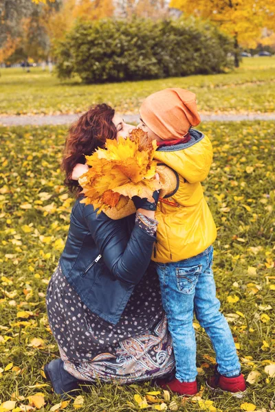 Madre Hijo Con Hojas Otoño Divirtiéndose Parque Otoño Aire Libre — Foto de Stock