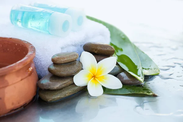 Twee Flessen Met Olie Voor Massage Spa Concept Met Bloemen — Stockfoto