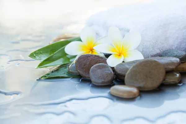 Vit Handduk Gröna Blad Mörka Stenar Och Tropiska Blommor — Stockfoto