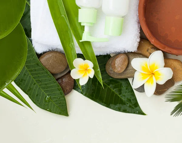 Spa background with green leaves, flowers and two cosmetics tubes on white