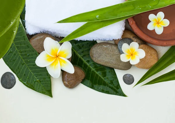 Tło Lub Wellness Ręcznikami Tropikalne Liście Kwiaty Kamienie — Zdjęcie stockowe