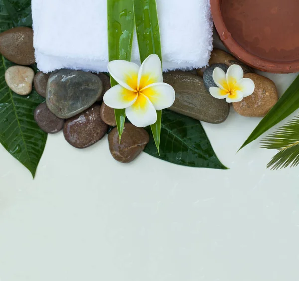 Spa Wellness Setting Tropical Flowers Bowl Water Towel Dark Stones — Stock Photo, Image