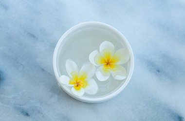 Beyaz masa üzerinde beyaz kase su ile tropikal çiçek üstten görünüm