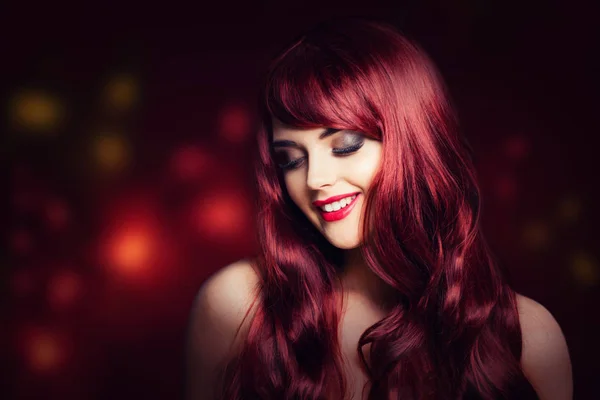 Redhead Woman Long Red Curly Hairstyle Smiling Fashion Model Glitter — Stock Photo, Image