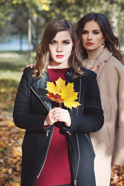 Schöne Frauen Mode Modelle Mit Herbstblättern Fuß Herbst Park Freien — Stockfoto