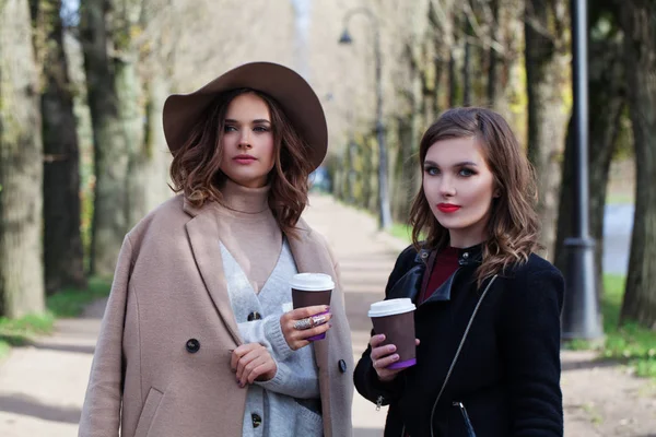 Lindas Mujeres Caminando Bebiendo Cofee Para Aire Libre Parque — Foto de Stock