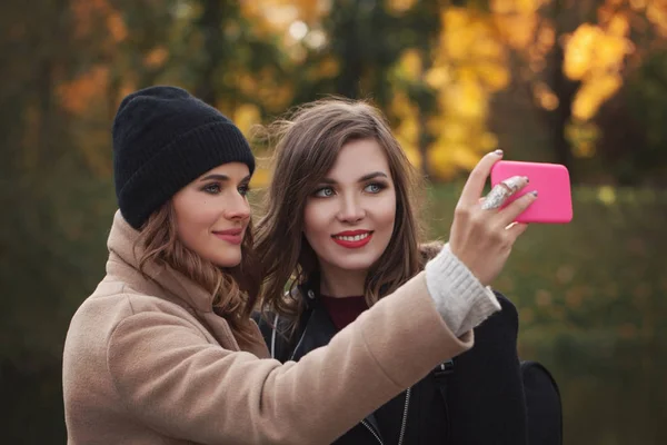 Feliz Mejor Novias Haciendo Selfie Teléfono Inteligente Parque Otoño Aire — Foto de Stock